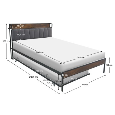 Pat cu pat cu somieră şi pat suplimentar extensibil, 140x200, negru/gri, NORDO