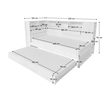 Pat cu rafturi şi pat suplimentar, alb, 90x200, LENDON