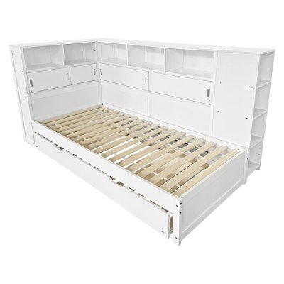 Pat cu rafturi şi pat suplimentar, alb, 90x200, LENDON