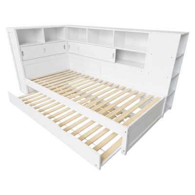 Pat cu rafturi şi pat suplimentar, alb, 90x200, LENDON
