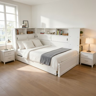 Pat cu rafturi şi pat suplimentar, alb, 90x200, LENDON