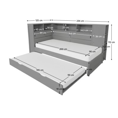Pat cu rafturi şi pat suplimentar, gri, 90x200, LENDON