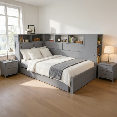Pat cu rafturi şi pat suplimentar, gri, 90x200, LENDON