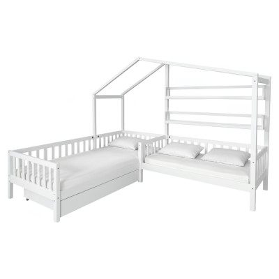 Pat cu şipci pentru 2 copii, 90x200 +70x140 cm, alb, ENOLA