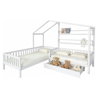 Pat cu şipci pentru 2 copii, 90x200 +70x140 cm, alb, ENOLA