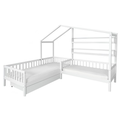 Pat cu şipci pentru 2 copii, 90x200 +70x140 cm, alb, ENOLA