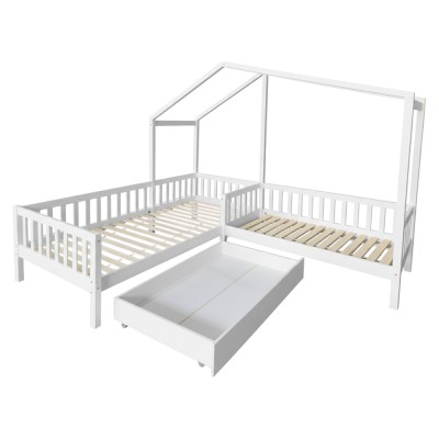 Pat cu şipci pentru 2 copii, 90x200 +70x140 cm, alb, ENOLA