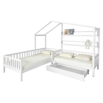 Pat cu şipci pentru 2 copii, 90x200 +70x140 cm, alb, ENOLA