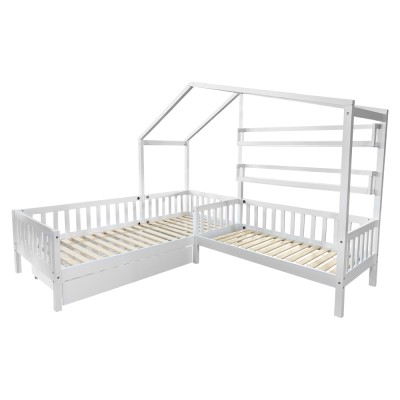 Pat cu şipci pentru 2 copii, 90x200 +70x140 cm, alb, ENOLA