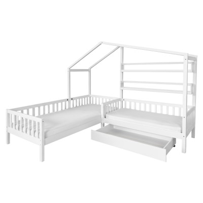 Pat cu şipci pentru 2 copii, 90x200 +70x140 cm, alb, ENOLA