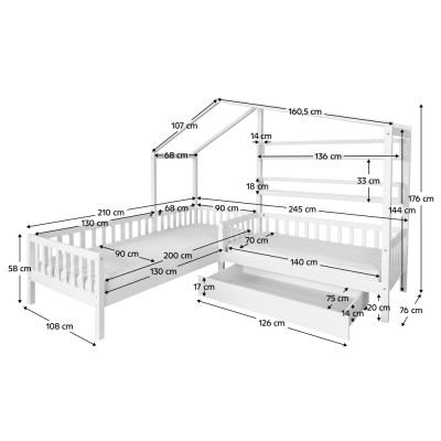 Pat cu şipci pentru 2 copii, 90x200 +70x140 cm, alb, ENOLA