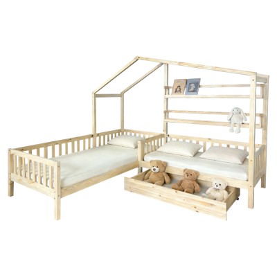 Pat cu şipci pentru 2 copii, 90x200 +70x140 cm, natural, ENOLA