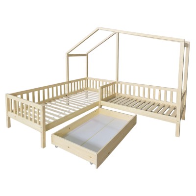 Pat cu şipci pentru 2 copii, 90x200 +70x140 cm, natural, ENOLA