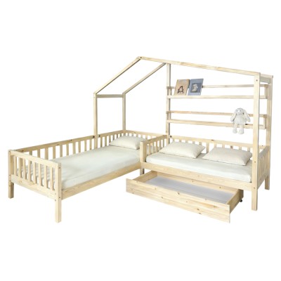 Pat cu şipci pentru 2 copii, 90x200 +70x140 cm, natural, ENOLA