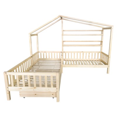 Pat cu şipci pentru 2 copii, 90x200 +70x140 cm, natural, ENOLA