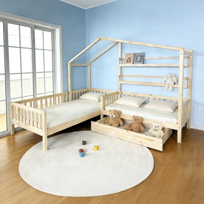 Pat cu şipci pentru 2 copii, 90x200 +70x140 cm, natural, ENOLA