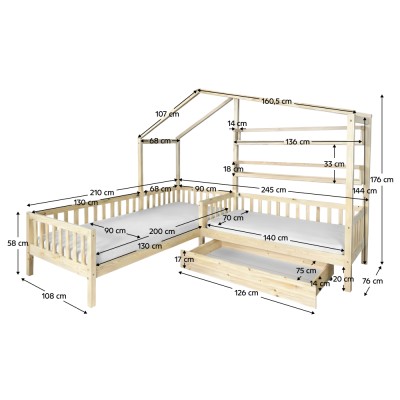 Pat cu şipci pentru 2 copii, 90x200 +70x140 cm, natural, ENOLA