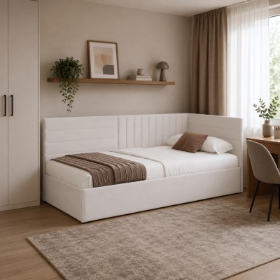 Pat cu somieră, 90x200, ţesătură crem Velvet, MEVIA