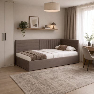 Pat cu somieră, 90x200, ţesătură maro Velvet, MEVIA