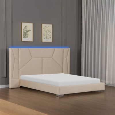 Pat cu somieră şi iluminare LED, 160x200, ţesătură Velvet bej, ALTESA