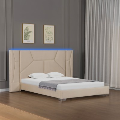 Pat cu somieră şi iluminare LED, 160x200, ţesătură Velvet bej, ALTESA