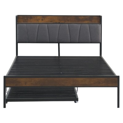 Pat cu somieră şi pat suplimentar extensibil, 160x200, negru/gri, NORDO