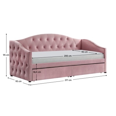 Pat cu spaţiu de depozitare, 90x200, ţesătură Velvet roz, ZASKA