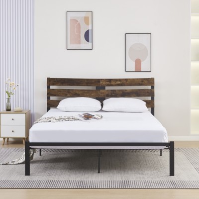 Pat matrimonial cu lamele, stejar rustic/metal, 160x200, ANEYA