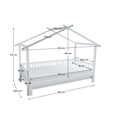 Pat Montessori cu un pat suplimentar, alb, 90x200, KESIO