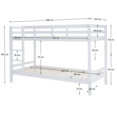 Pat supraetajat, 90x200, lemn masiv, alb, INEZA