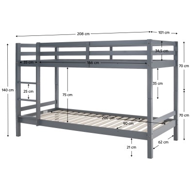 Pat supraetajat, 90x200, lemn masiv, gri, INEZA