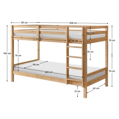 Pat supraetajat, 90x200, lemn masiv, natural, INEZA