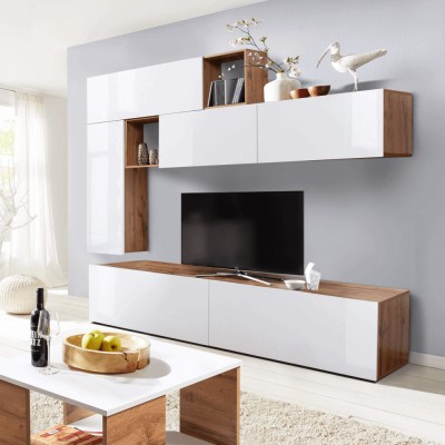 Perete living, alb extra lucios/ stejar wotan, MIRALDA