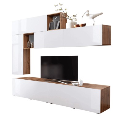 Perete living, alb extra lucios/ stejar wotan, MIRALDA