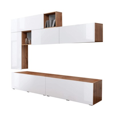 Perete living, alb extra lucios/ stejar wotan, MIRALDA