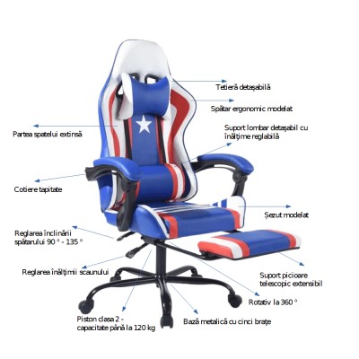 Scaun gaming, albastru/ roşu/ alb, CAPITAN AMERICA