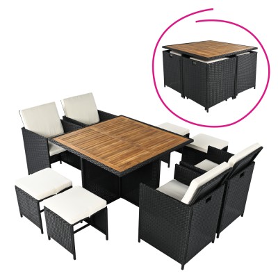Set de grădină din ratan, lemn de salcâm, negru/crem/natural, MELFORD