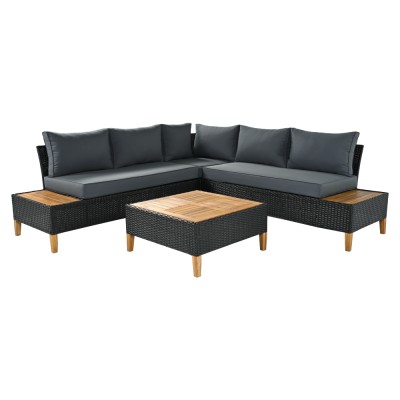Set de grădină din ratan, lemn de salcâm, negru/gri/natural, MALKOM