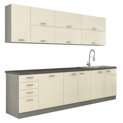 Set mobilier bucătărie, crem extra lucios/ gri, PRADO