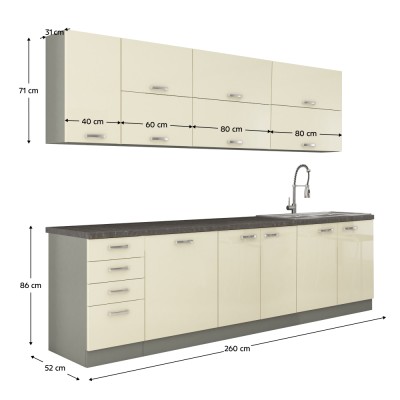 Set mobilier bucătărie, crem extra lucios/ gri, PRADO