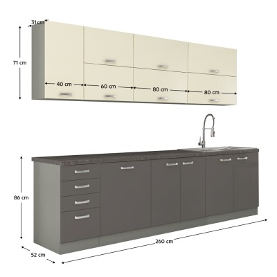 Set mobilier bucătărie, gri/ crem extra lucios, PRADO