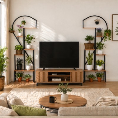 Suport metalic pentru flori, set de 2 buc., negru/stejar, AMADIS