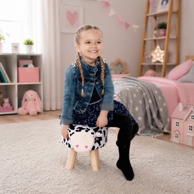 Taburet în formă de văcuţă, catifea Velvet alb/ negru/ natural, MOLLY